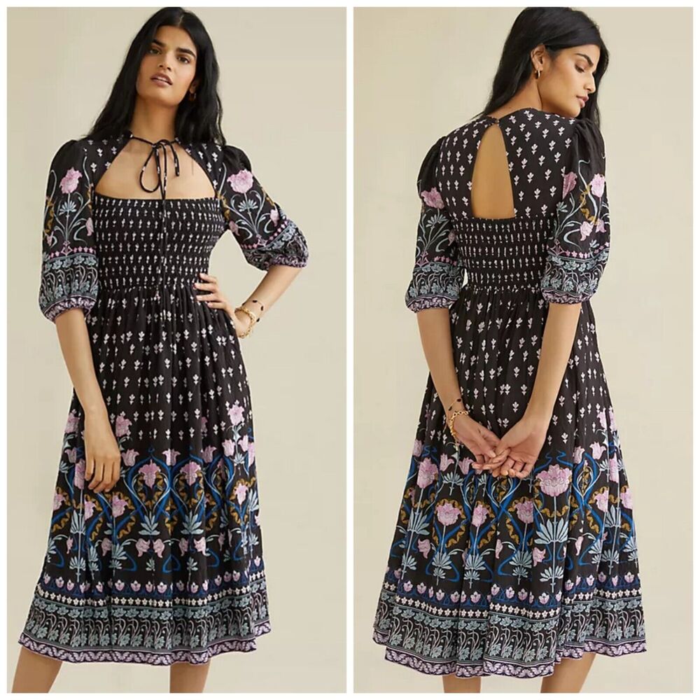 NWOT Anthropologie Dasha Smocked Puff Sleeve Midi Dress XS $240